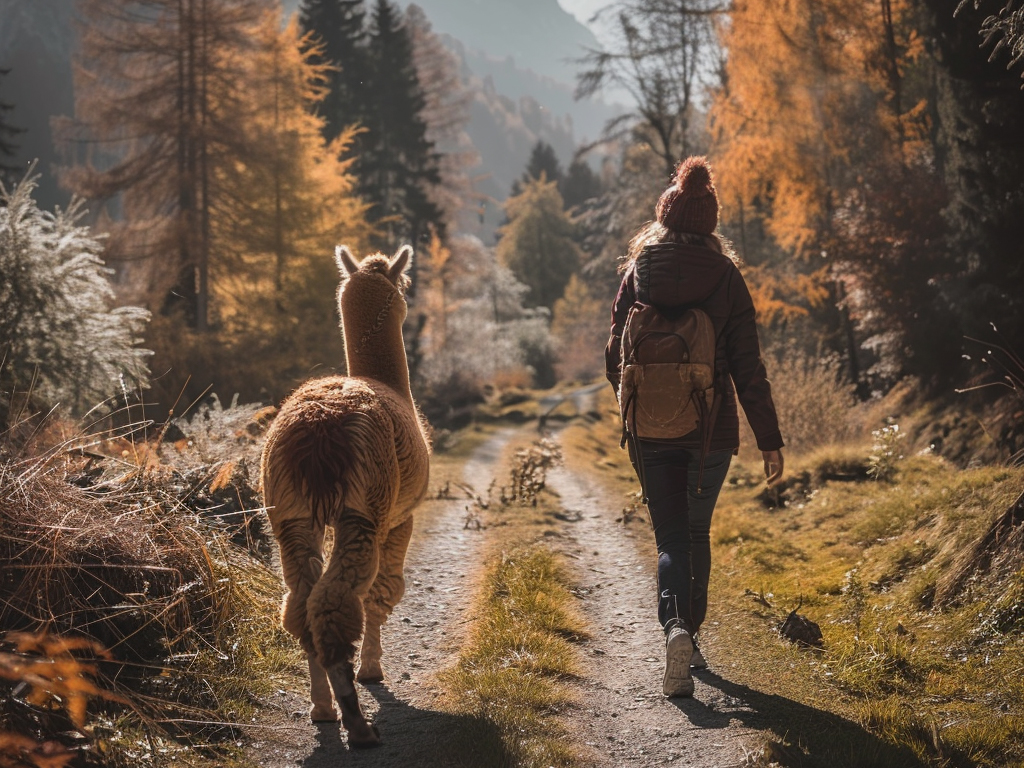 ragazza fa una passeggiata con alpaca nel bosco 