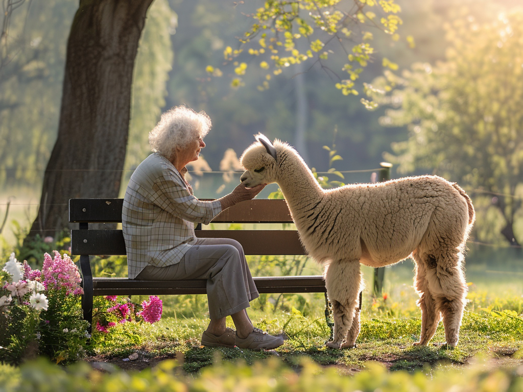 Signora accarezza alpaca facendo pet therapy